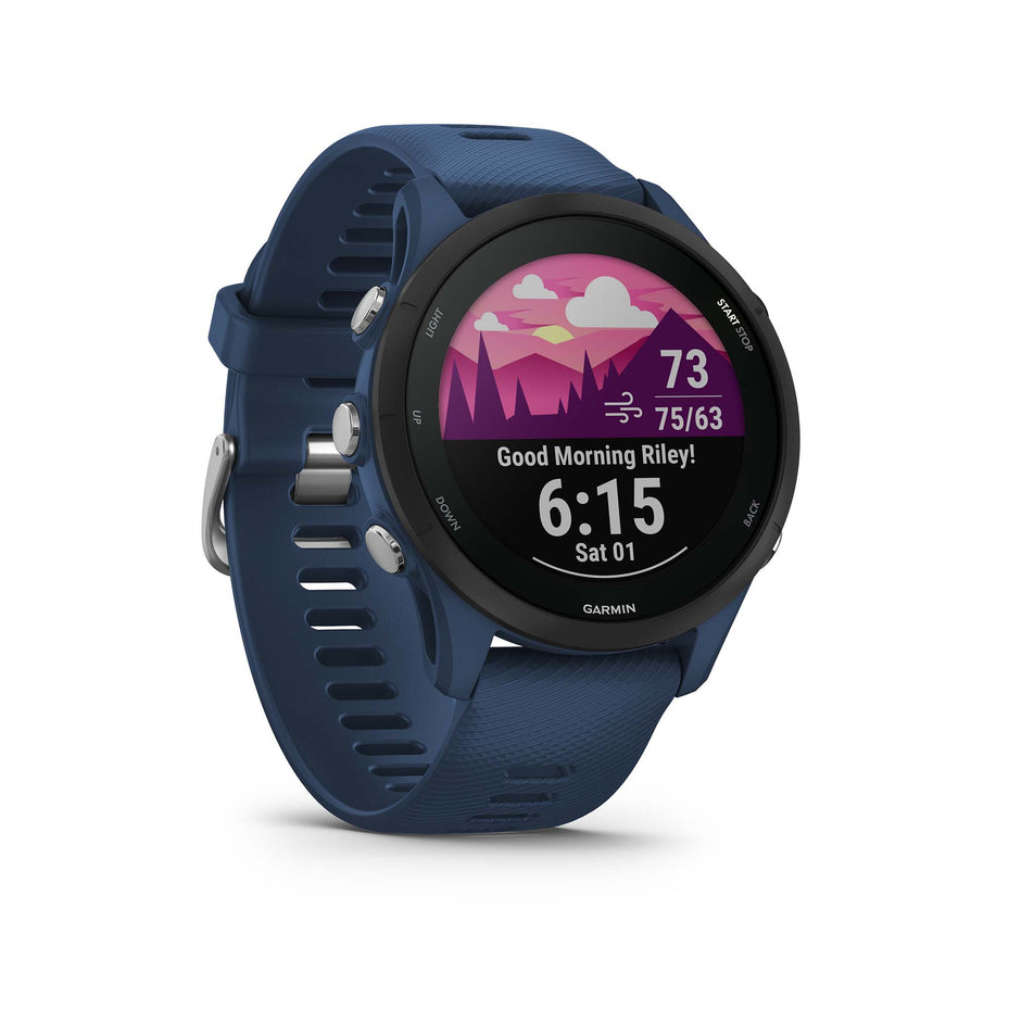 Time screen with pink mountain background on Garmin Forerunner 255 Smartwatch in Tidal Blue (7528377680034)