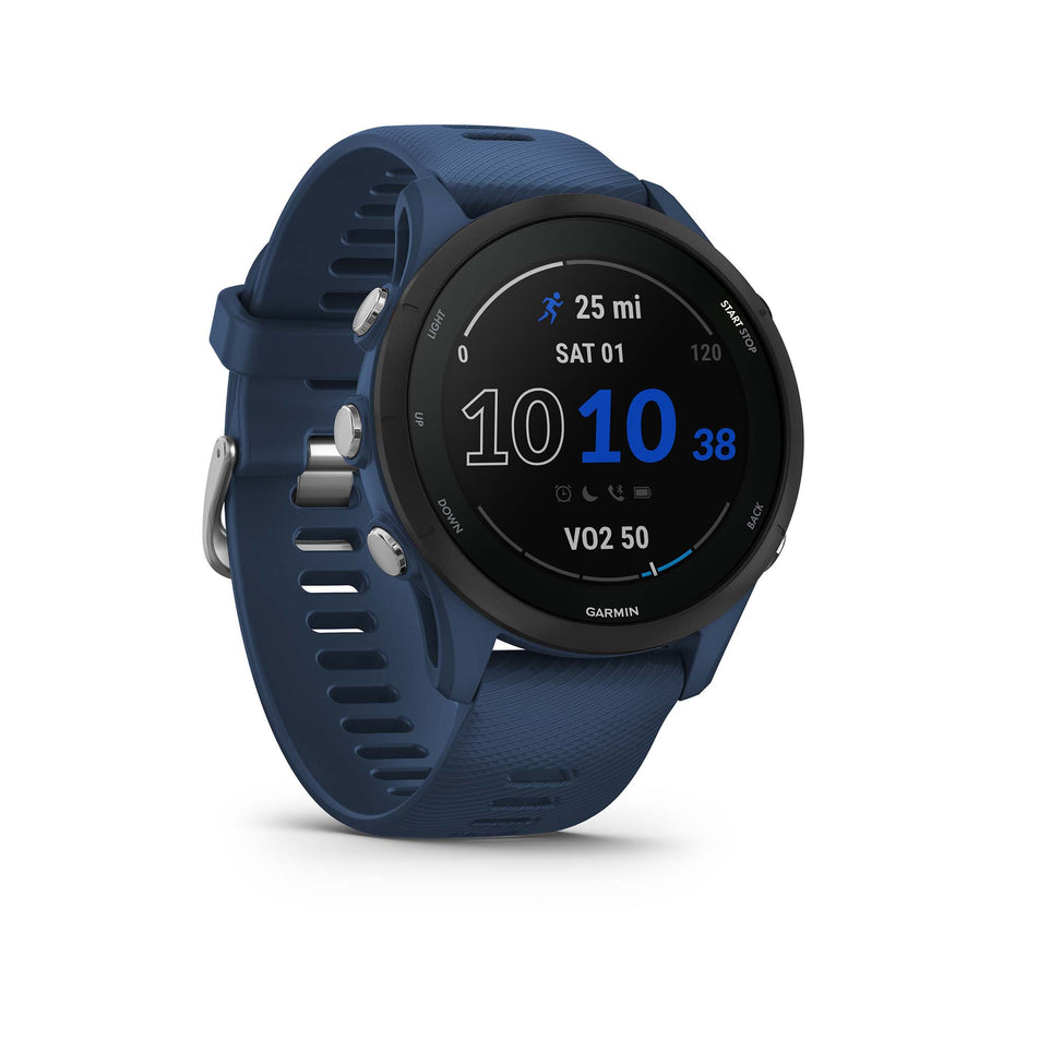 Time screen view on Garmin Forerunner 255 Smartwatch in Tidal Blue (7528377680034)