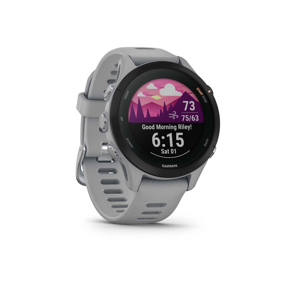 Time screen with pink mountain background on Garmin Forerunner 255S Smartwatch in Powder Grey (7528456454306)