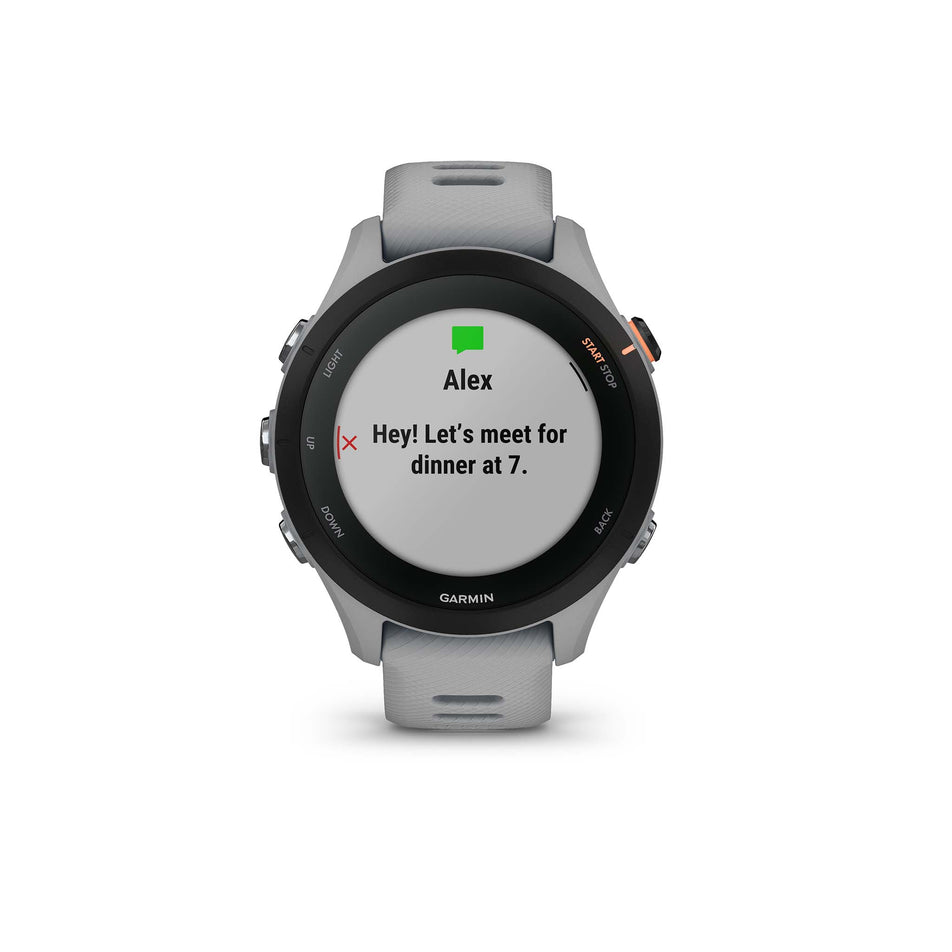 Text message screen on Garmin Forerunner 255S Smartwatch in Powder Grey (7528456454306)