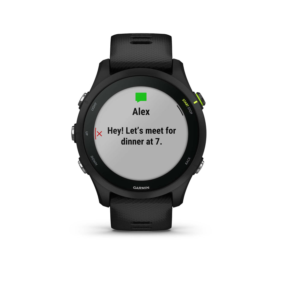 Text message screen on Garmin Forerunner 255 Music Smartwatch in Black (7528493154466)