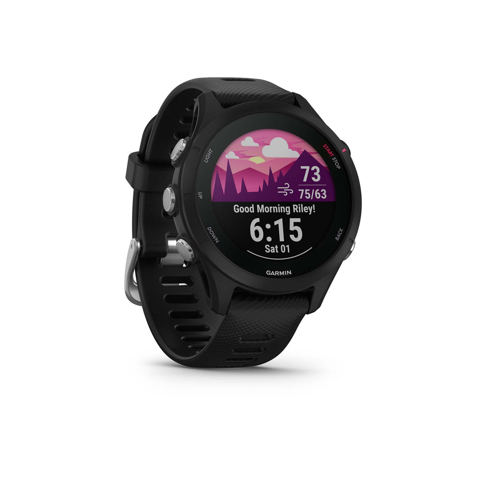 Time screen with pink mountain background on Garmin Forerunner 255S Music Smartwatch in Black (7528498331810)