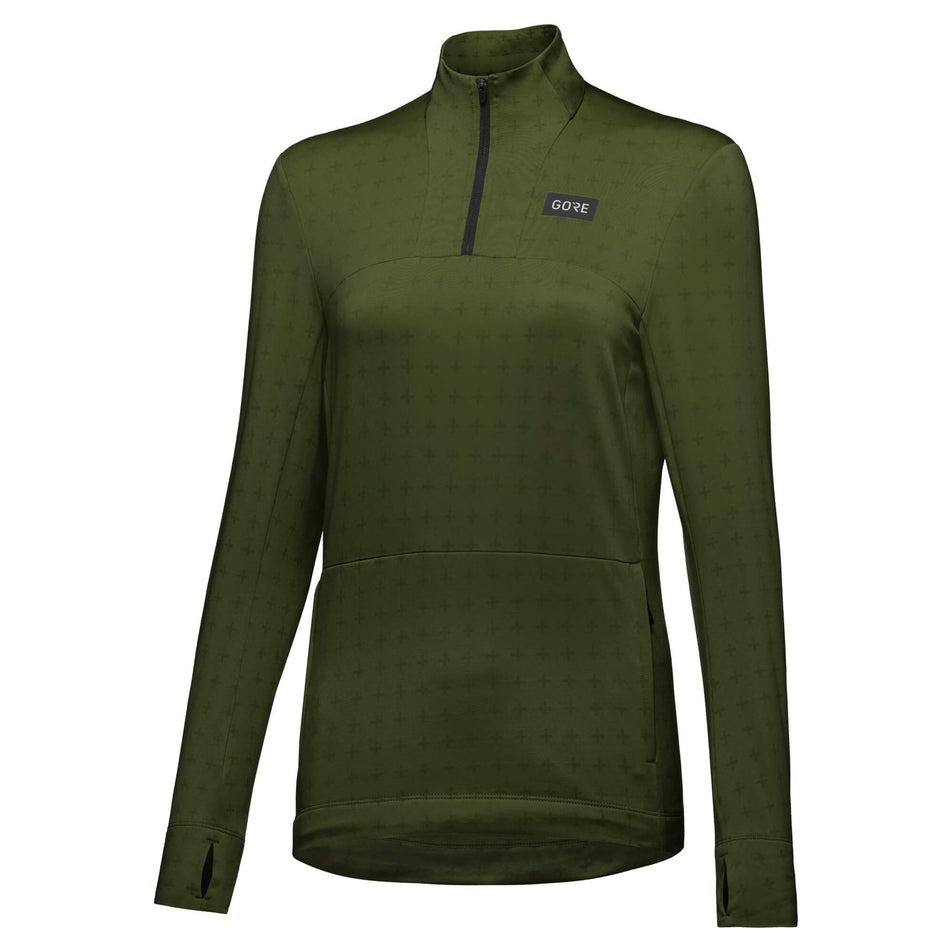 Angled front view of a GORE® Wear Women's Everyday Thermo 1/4 Zip in the Utility Green colourway (7763428016290)