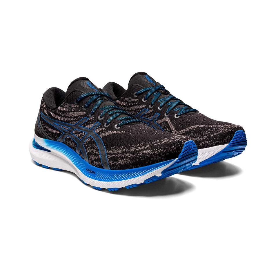 Anterior angled view of men's asics gel-kayano 29 running shoes in black (7520572113058)