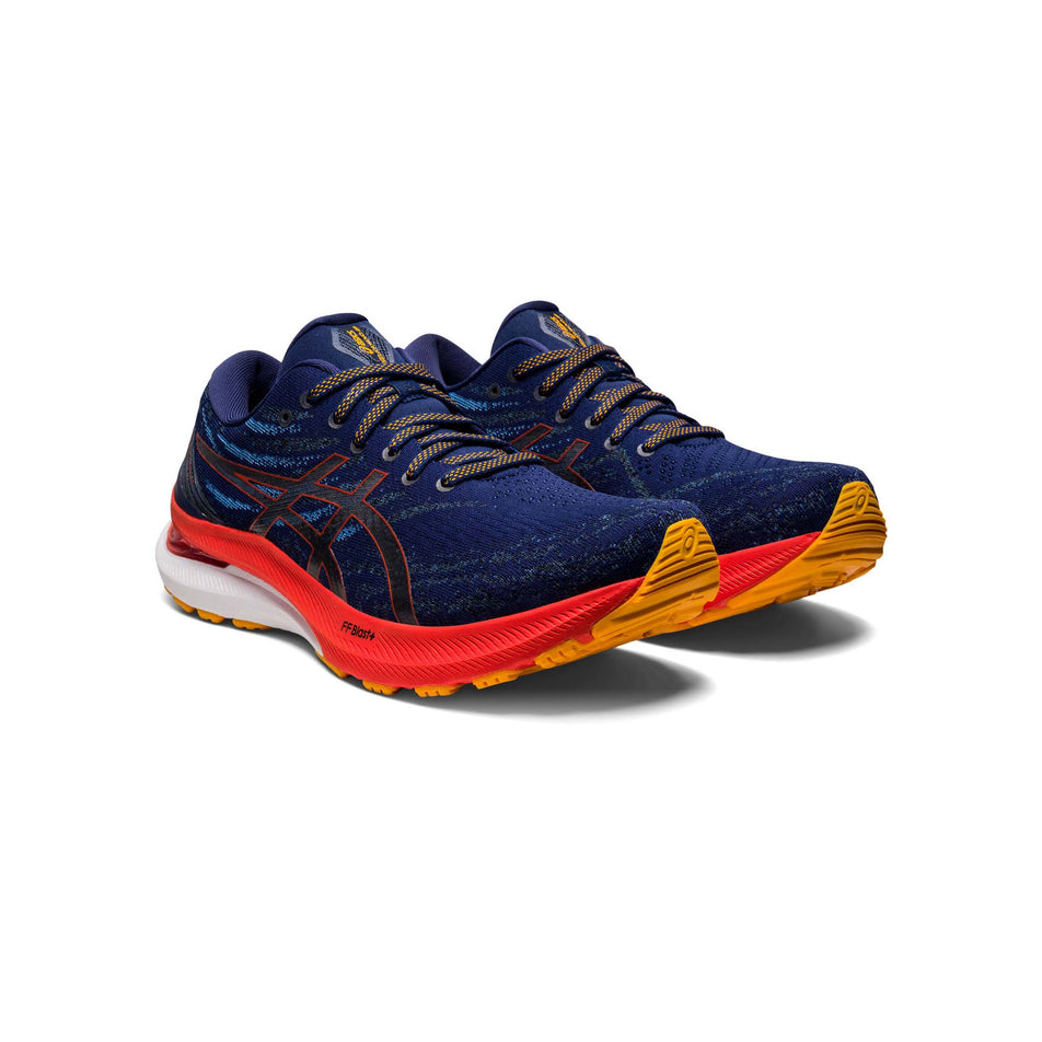 Anterior angled view of men's asics gel-kayano 29 running shoes in blue (7520555434146)