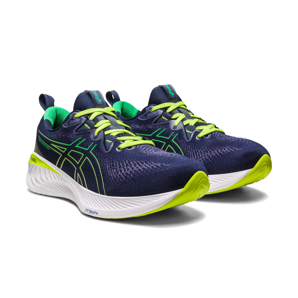 Angled front view of a pair of Asics Men's Gel-Cumulus 25 Running Shoes in the Midnight/Cilantro colourway (7900866281634)