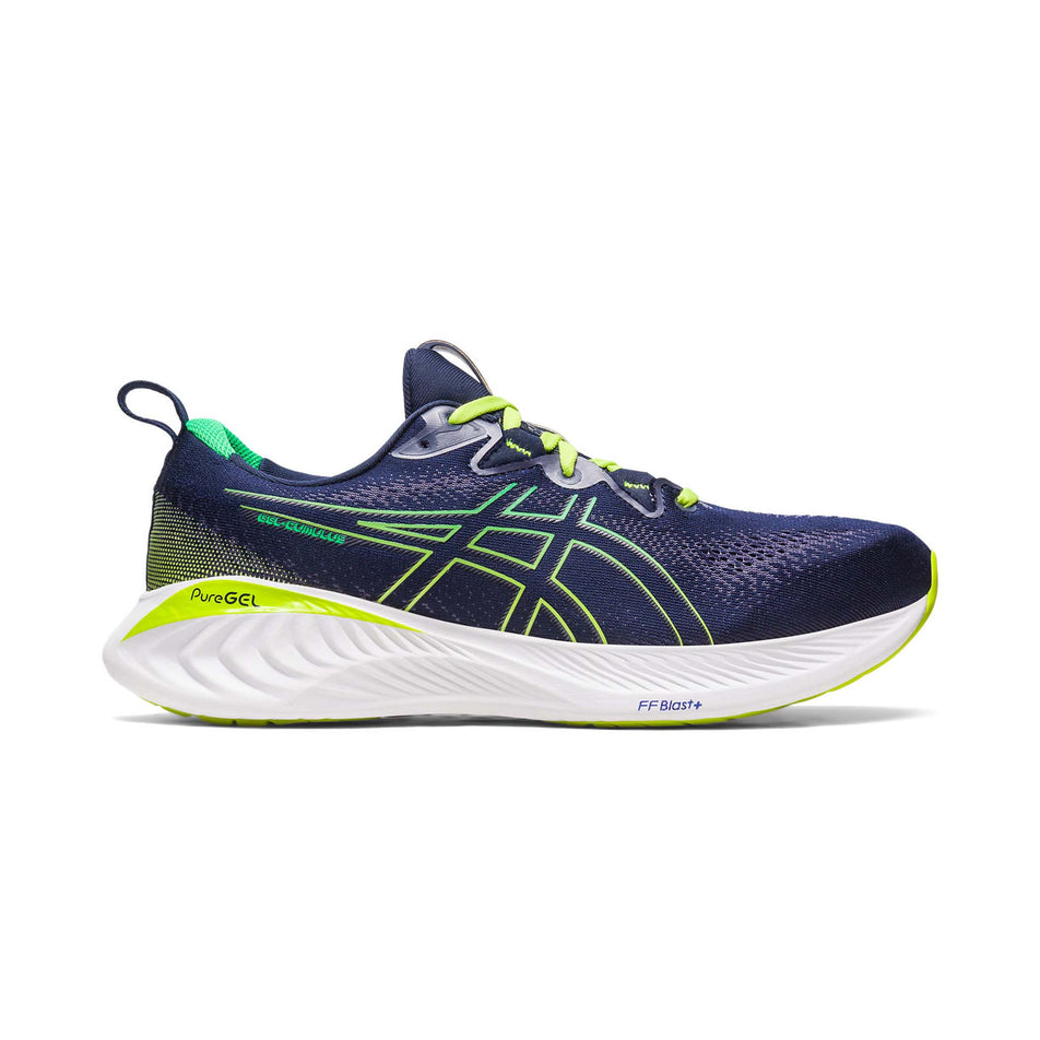 Lateral side of the right shoe from a pair of Asics Men's Gel-Cumulus 25 Running Shoes in the Midnight/Cilantro colourway (7900866281634)