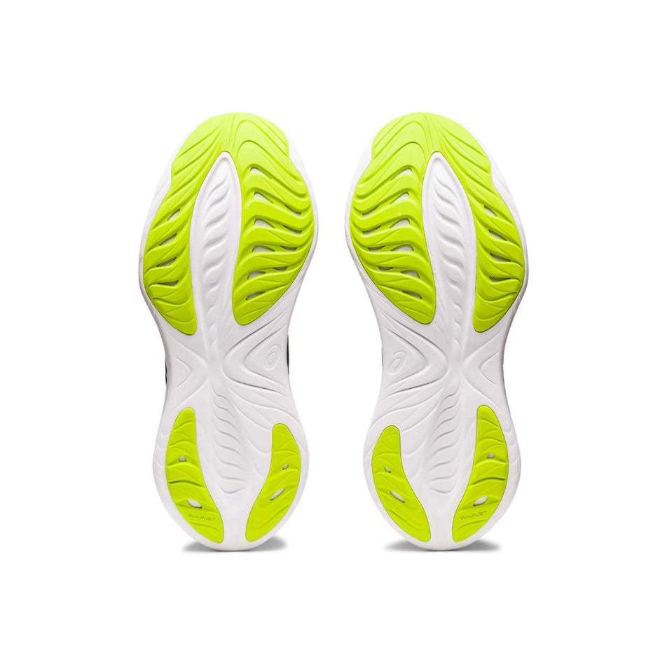 The outsoles on a pair of Asics Men's Gel-Cumulus 25 Running Shoes in the Midnight/Cilantro colourway (7900866281634)