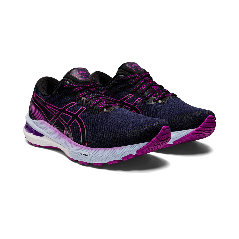 Anterior angled view of women's asics gt-2000 10 running shoes in black (7601258561698)