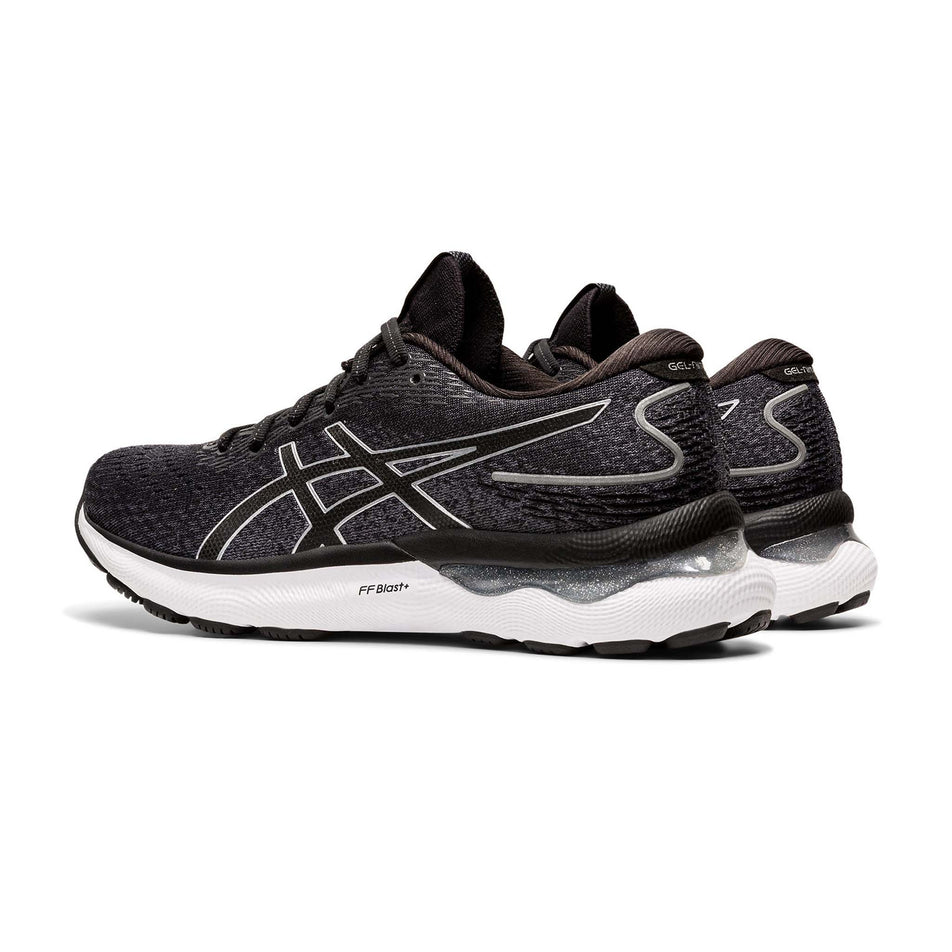 Lateral angled view of women's asics gel-nimbus 24 running shoes in black (7520691880098)