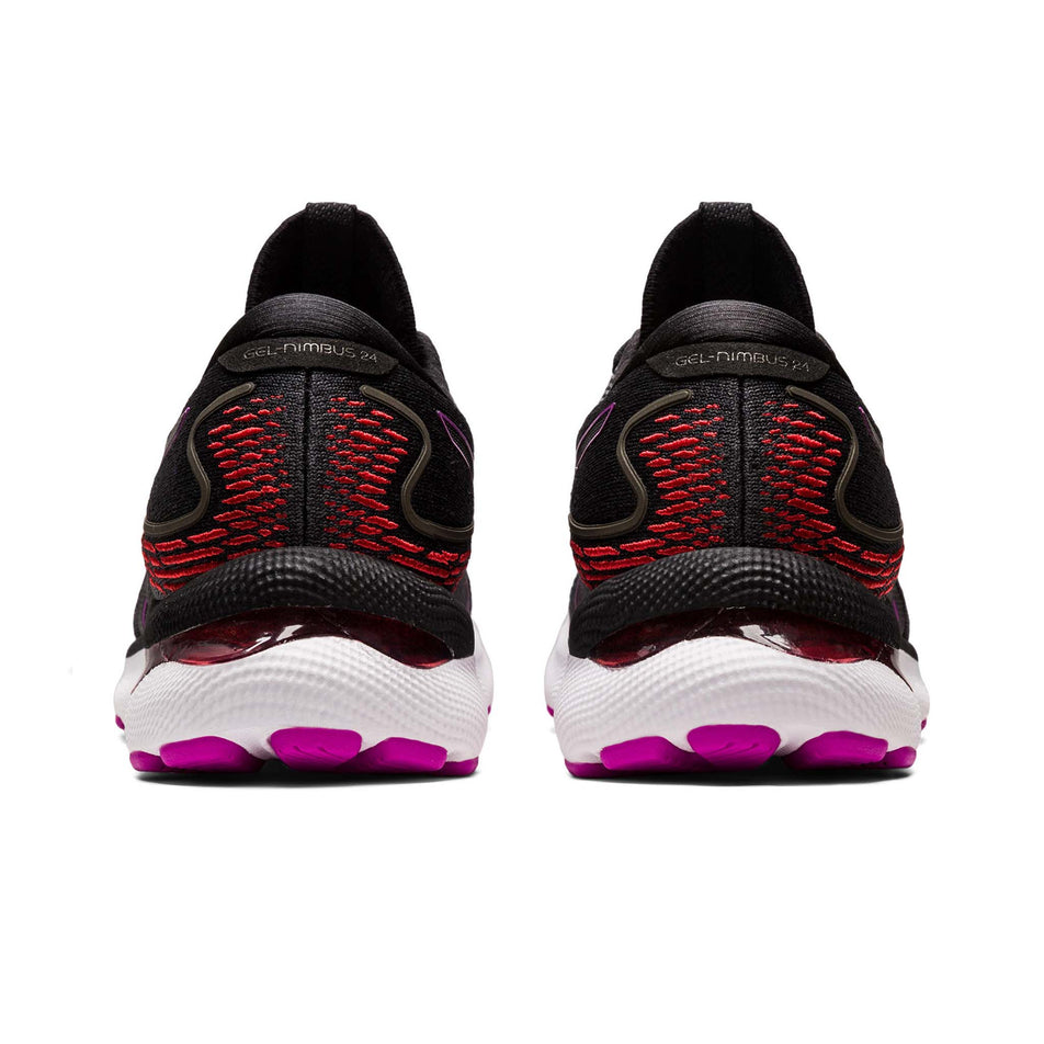 Posterior view of women's asics gel-nimbus 24 running shoes in black (7520651378850)