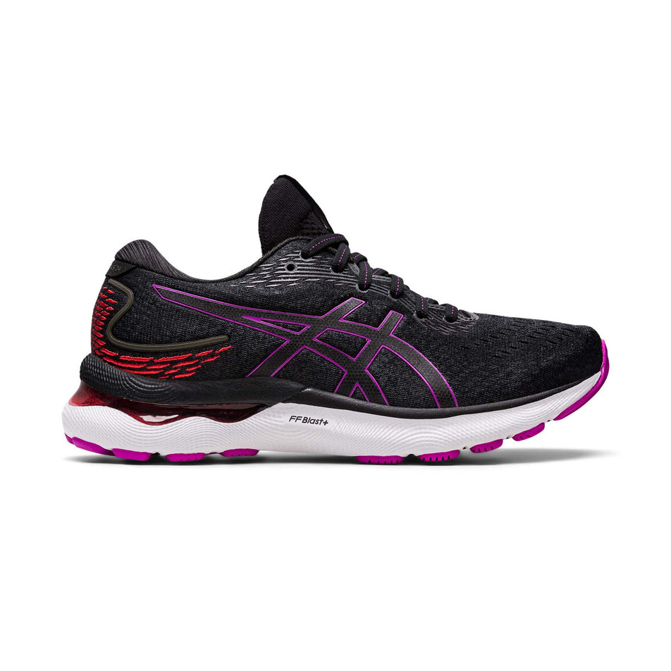Lateral view of women's asics gel-nimbus 24 running shoes in black (7520651378850)