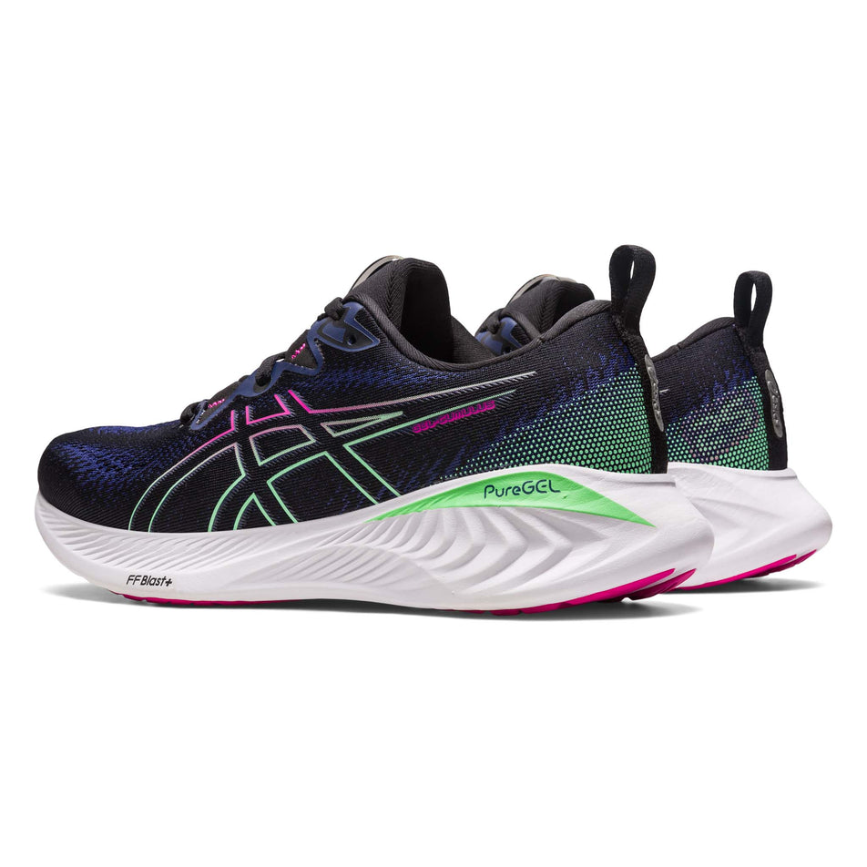 Angled back view of a pair of Asics Women's Gel-Cumulus 25 Running Shoes in the Black/Pink Rave colourway (7900873261218)