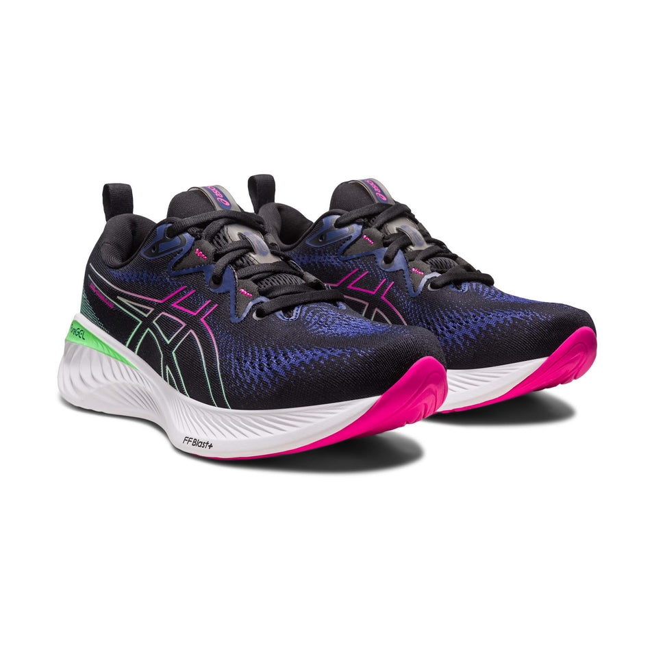 Angled front view of a pair of Asics Women's Gel-Cumulus 25 Running Shoes in the Black/Pink Rave colourway (7900873261218)
