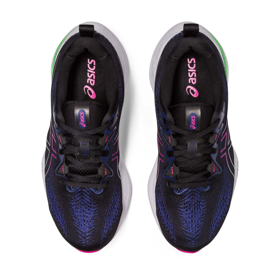 The uppers on a pair of Asics Women's Gel-Cumulus 25 Running Shoes in the Black/Pink Rave colourway (7900873261218)