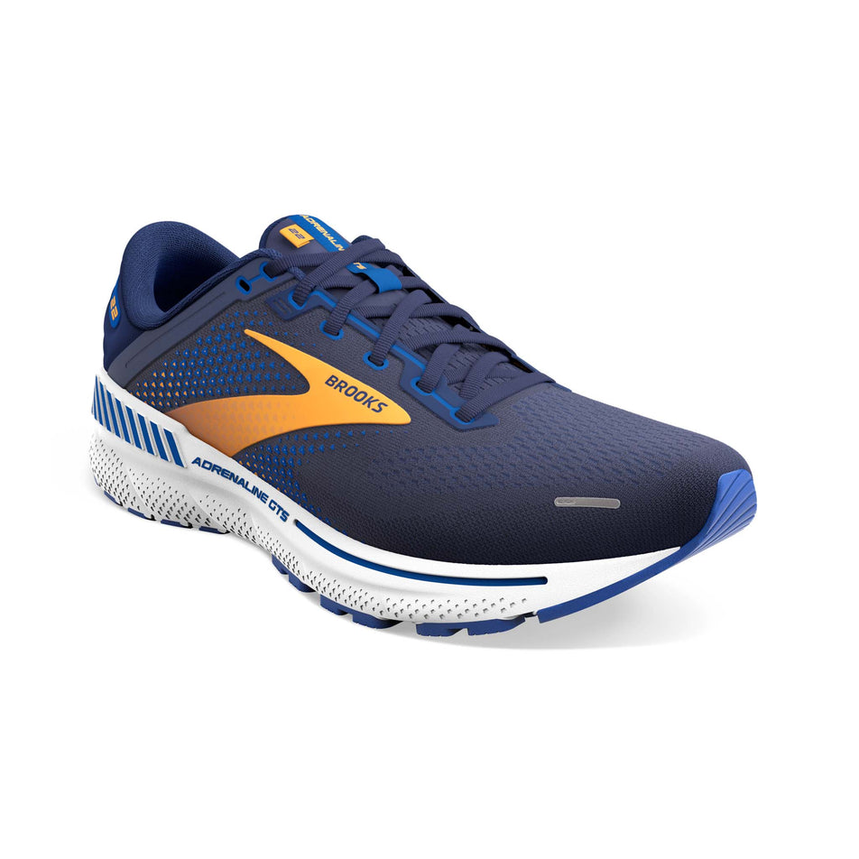 Right shoe anterior angled view of Brooks Men's Adrenaline GTS 22 Running Shoes in blue (7709826252962)