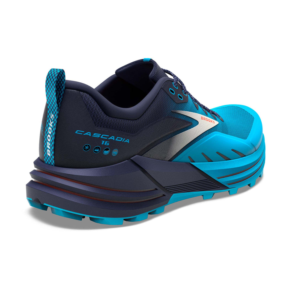 Right shoe posterior angled view of Brooks Men's Cascadia 16 Running Shoes in Blue (7709837852834)