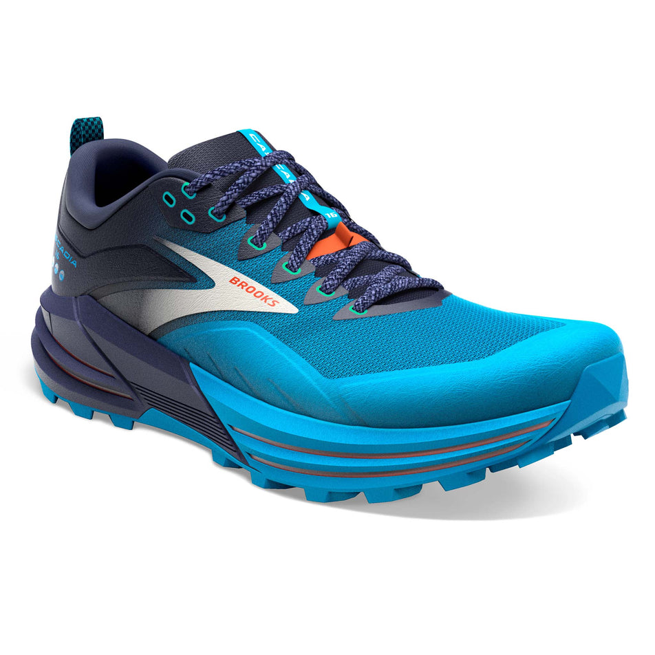 Right shoe anterior angled view of Brooks Men's Cascadia 16 Running Shoes in Blue (7709837852834)