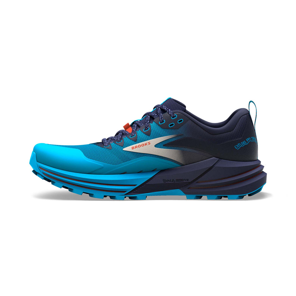 Right shoe medial view of Brooks Men's Cascadia 16 Running Shoes in Blue (7709837852834)