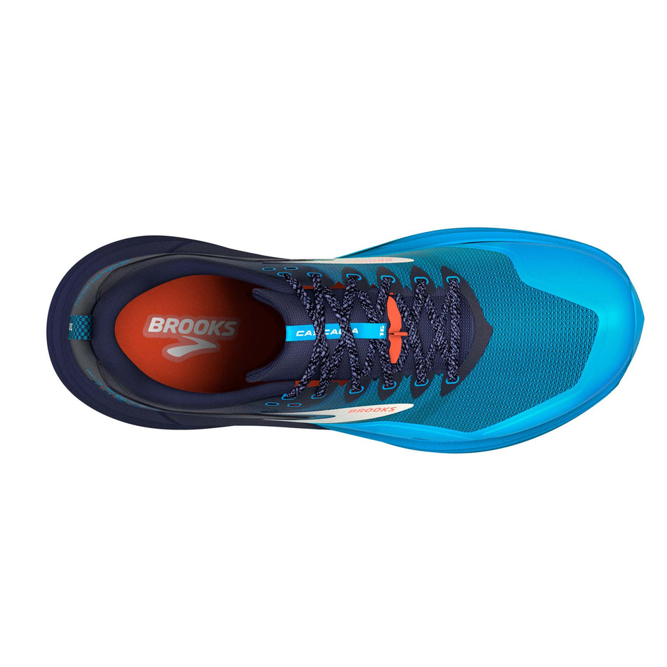Right shoe upper view of Brooks Men's Cascadia 16 Running Shoes in Blue (7709837852834)