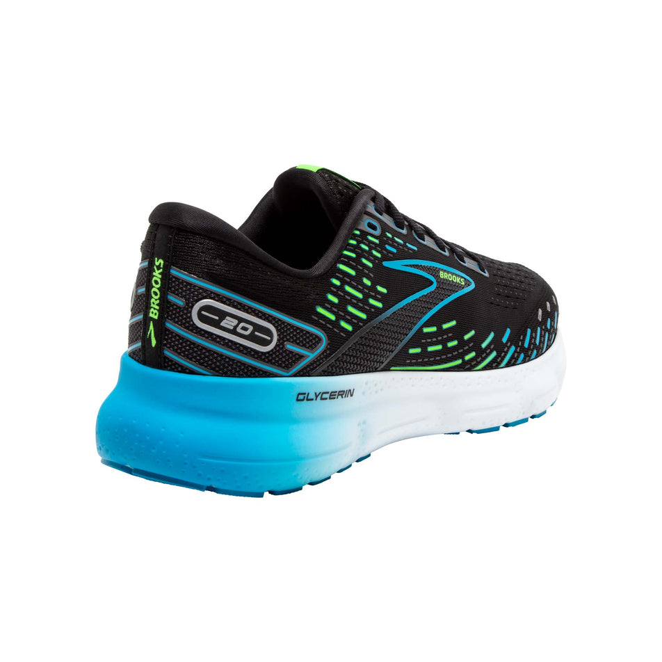 Lateral side of the right shoe from a pair of Brooks Men's Glycerin 20 Running Shoes in the Black/Hawaiian Ocean/Green colourway (7901108240546)