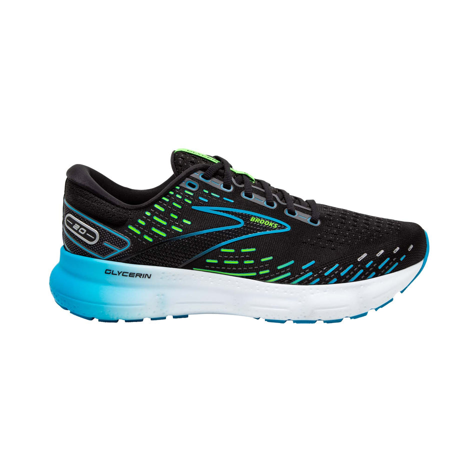 Lateral side of the right shoe from a pair of Brooks Men's Glycerin 20 Running Shoes in the Black/Hawaiian Ocean/Green colourway (7901108240546)