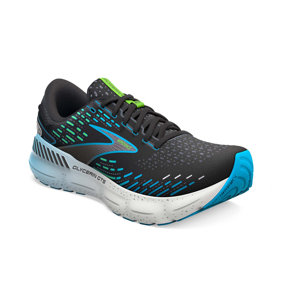 Lateral side of the right shoe from a pair of Brooks Men's Glycerin GTS 20 Running Shoes in the Black/Hawaiian Ocean/Green colourway (7903703269538)