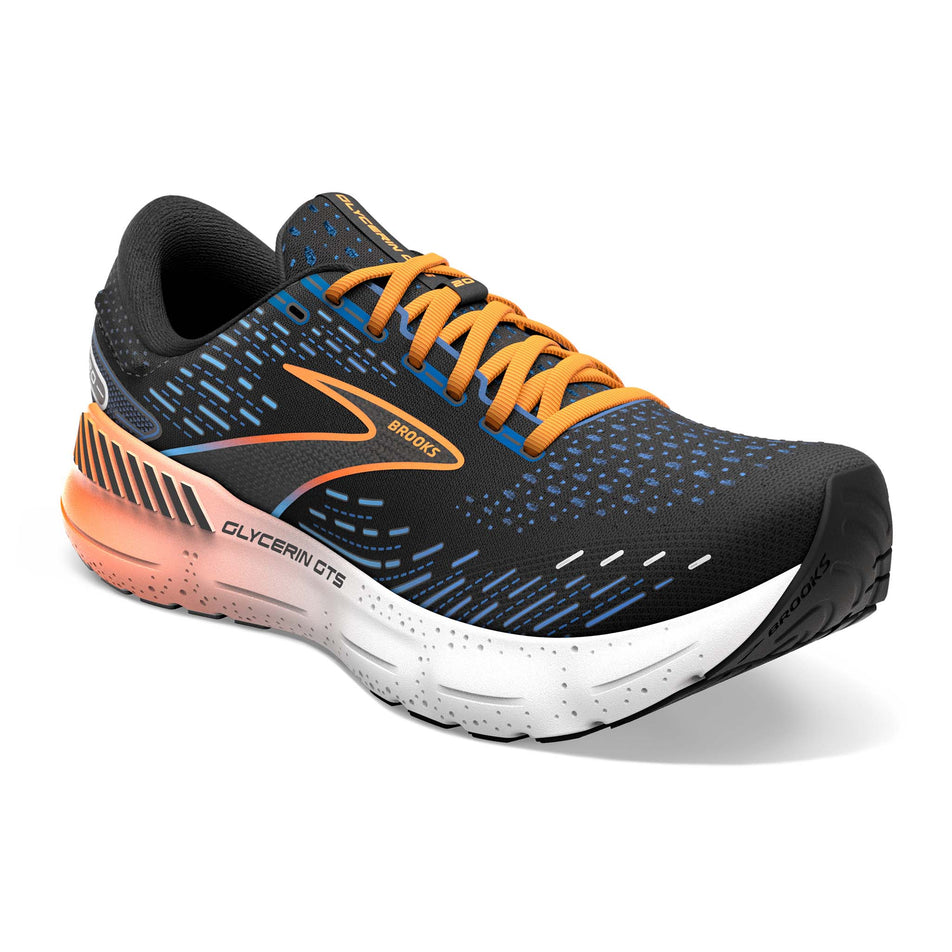 Right shoe anterior angled view of Brooks Men's Glycerin GTS 20 Running Shoes in black. (7725145194658)
