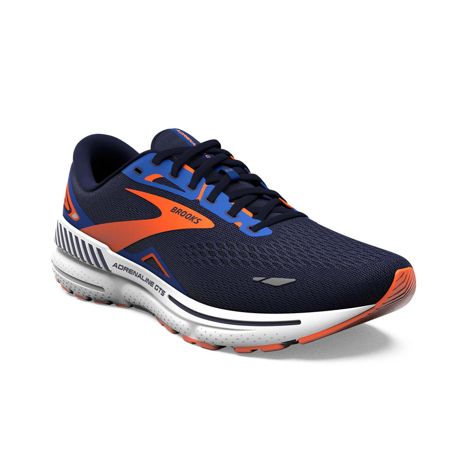 Lateral side of the right shoe from a pair of Brooks Men's Adrenaline GTS 23 Running Shoes in the Peacoat/Orange/Surf the Web colourway (7903674204322)