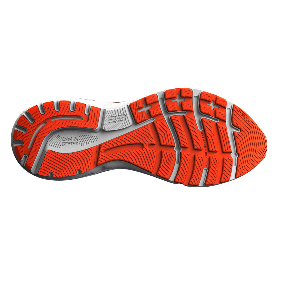 The outsole of the right shoe from a pair of Brooks Men's Adrenaline GTS 23 Running Shoes in the Peacoat/Orange/Surf the Web colourway (7903674204322)