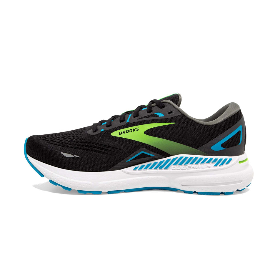 Medial side of the right shoe from a pair of Brooks Men's Adrenaline GTS 23 2E Running Shoes in the Black/Hawaiin Ocean/Green colourway (7903694028962)