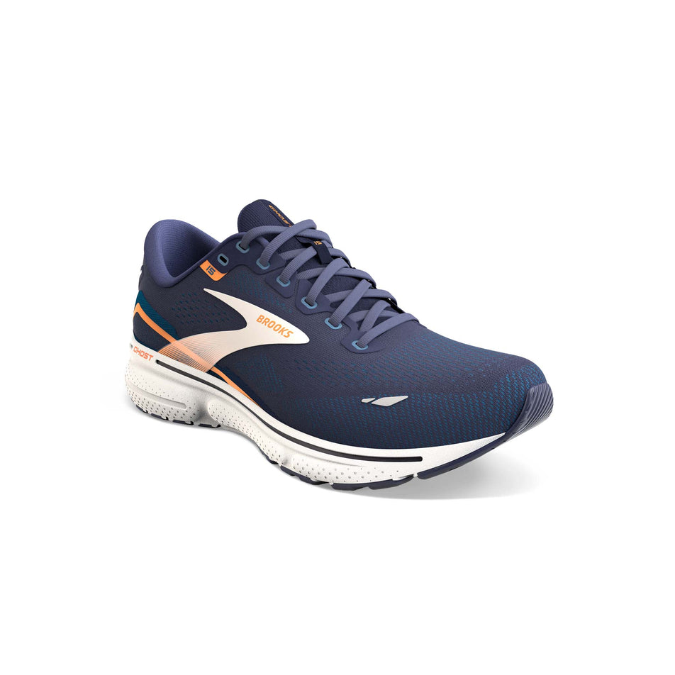 Right shoe anterior angled view of Brooks Men's Ghost 15 2E Running Shoes in blue (7705942163618)