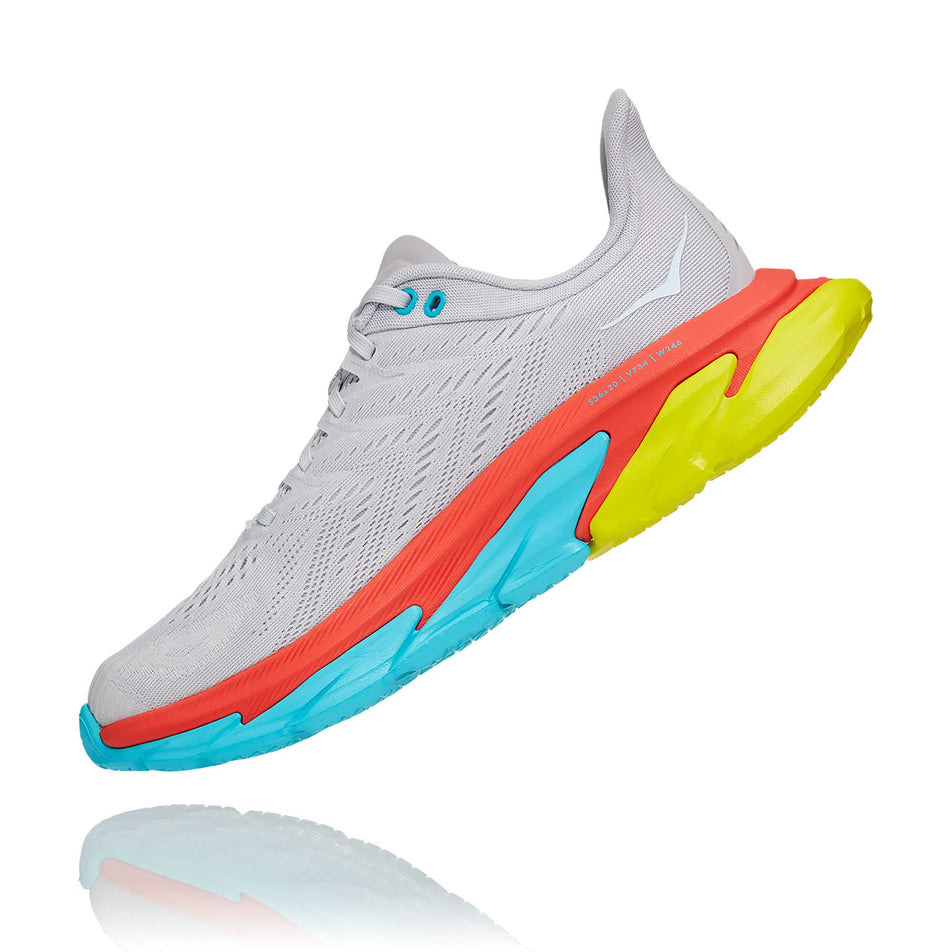 Medial side of the right shoe from a pair of men's Hoka Clifton Edge in a slanted position (6901682110626)