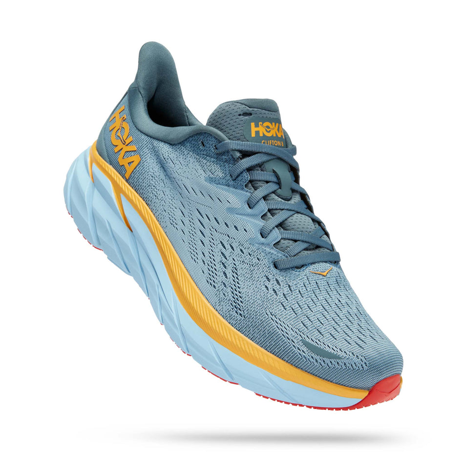 Anterior angled view of men's hoka clifton 8 wide running shoes (7482867777698)