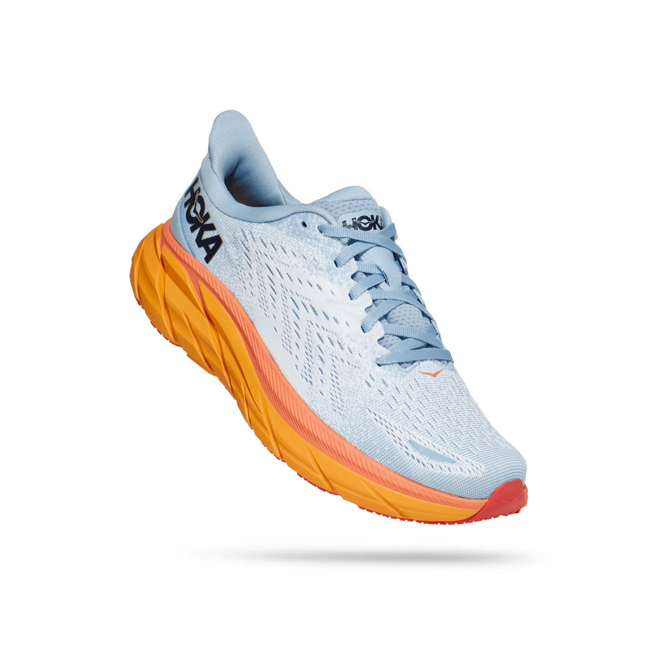 Anterior angled view of women's hoka clifton 8 wide running shoes (7483016020130)