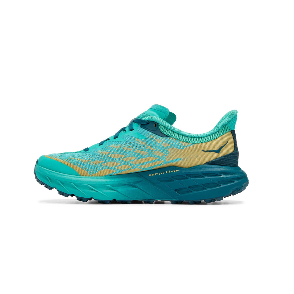 Medial view of women's hoka speedgoat 5 running shoes in blue (7527136395426)