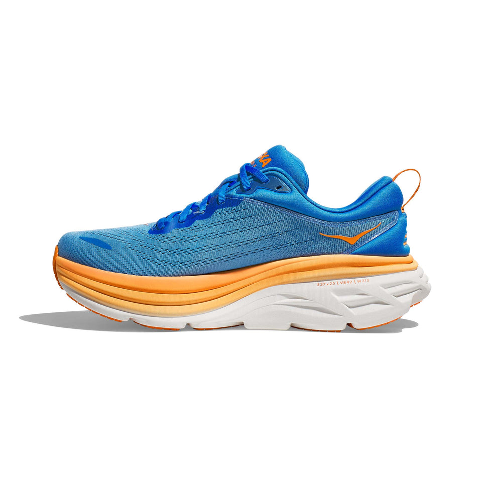 Right shoe medial view of Hoka Men's Bondi 8 Running Shoes in blue. (7705913917602)