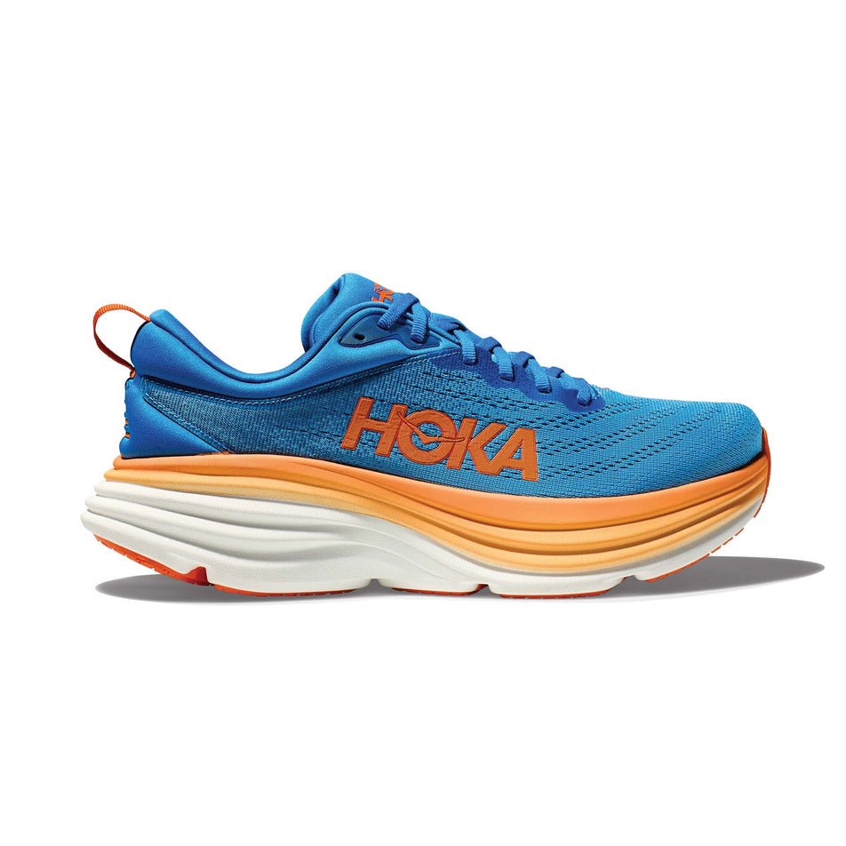 Right shoe lateral view of Hoka Men's Bondi 8 Running Shoes in blue. (7705913917602)