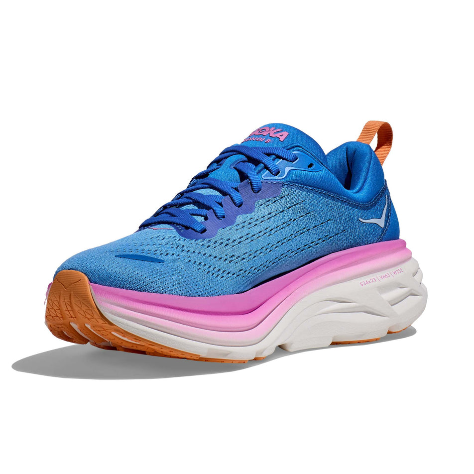 Right shoe anterior angled view of Hoka Women's Bondi 8 Running Shoes in blue (7705917391010)