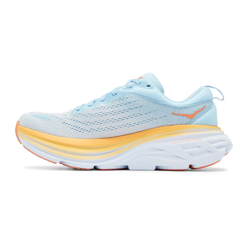 Medial view of women's hoka bondi 8 running shoes in the blue colourway (7511210459298)