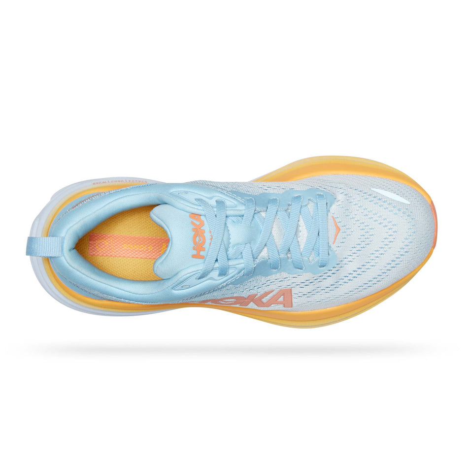 Upper view of women's hoka bondi 8 running shoes in the blue colourway (7511210459298)