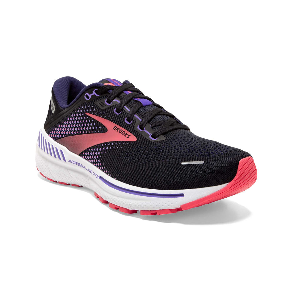Anterior angled view of women's brooks adrenaline gts 22 1d running shoes (7231641649314)