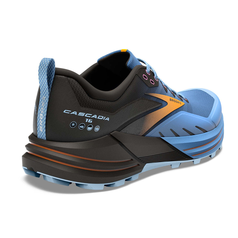 Right shoe posterior angled view of Brooks Women's Cascadia 16 Running Shoes in blue (7709875470498)