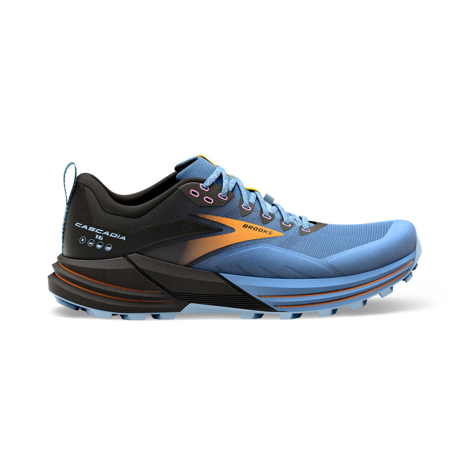Right shoe lateral view of Brooks Women's Cascadia 16 Running Shoes in blue (7709875470498)