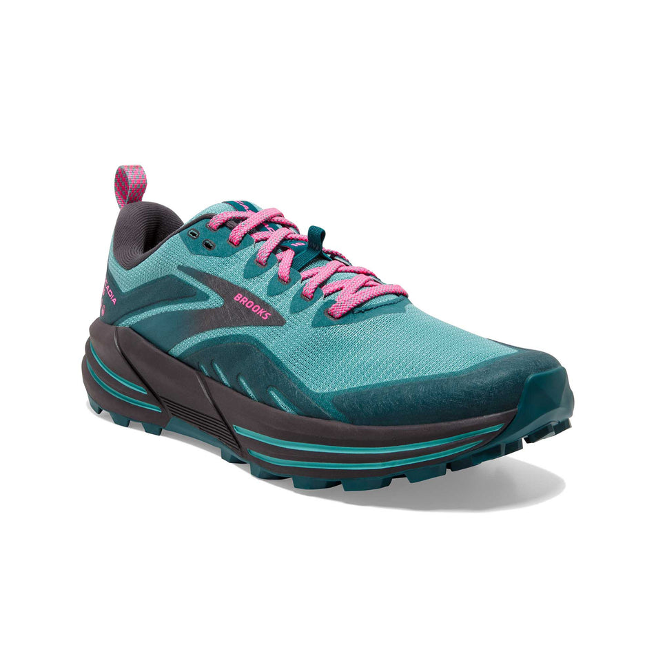 Lateral angled view of women's brooks cascadia 16 running shoes (7231648923810)