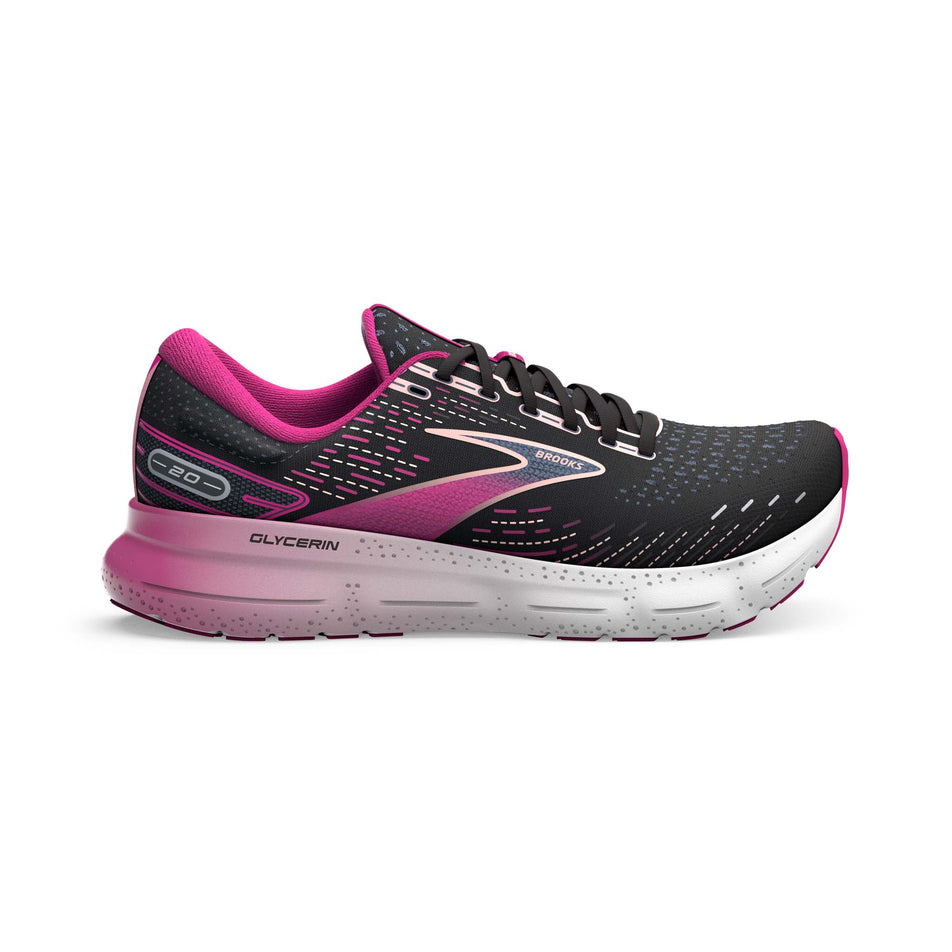 Lateral side of the right shoe from a pair of Brooks Women's Glycerin 20 Running Shoes in the Black/Fuchsia/Linen colourway (7901111451810)