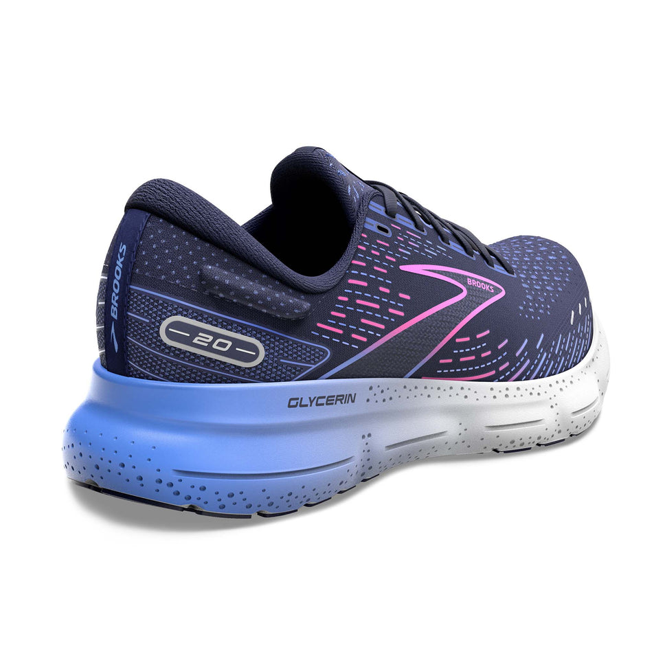 Right shoe posterior angled view of Brooks Women's Glycerin 20 Running Shoes in blue. (7725148897442)