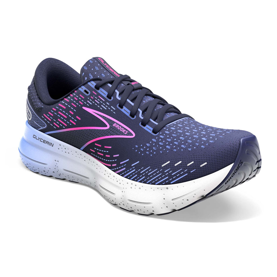 Right shoe anterior angled view of Brooks Women's Glycerin 20 Running Shoes in blue. (7725148897442)
