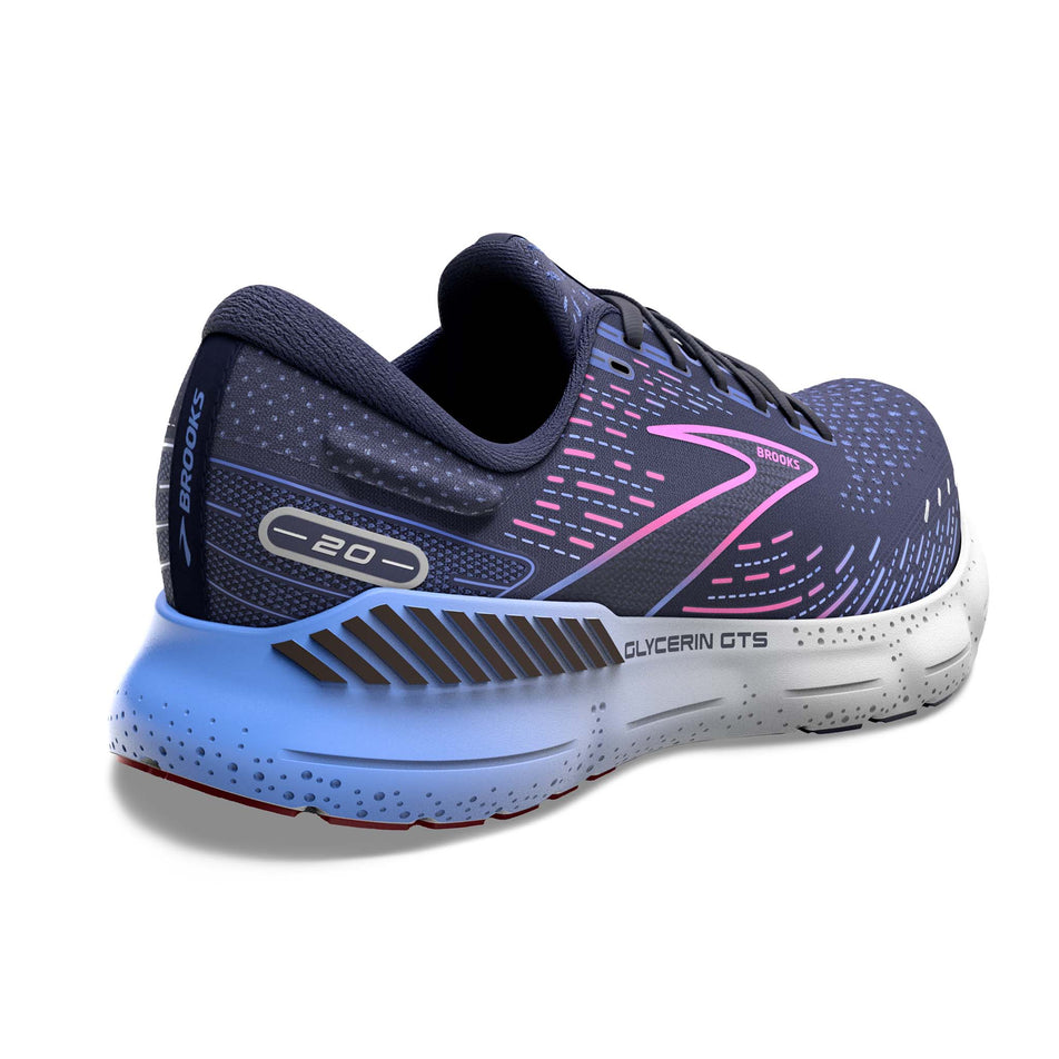 Right shoe posterior angled view of Brooks Women's Glycerin GTS 20 Running Shoes in blue. (7725159284898)
