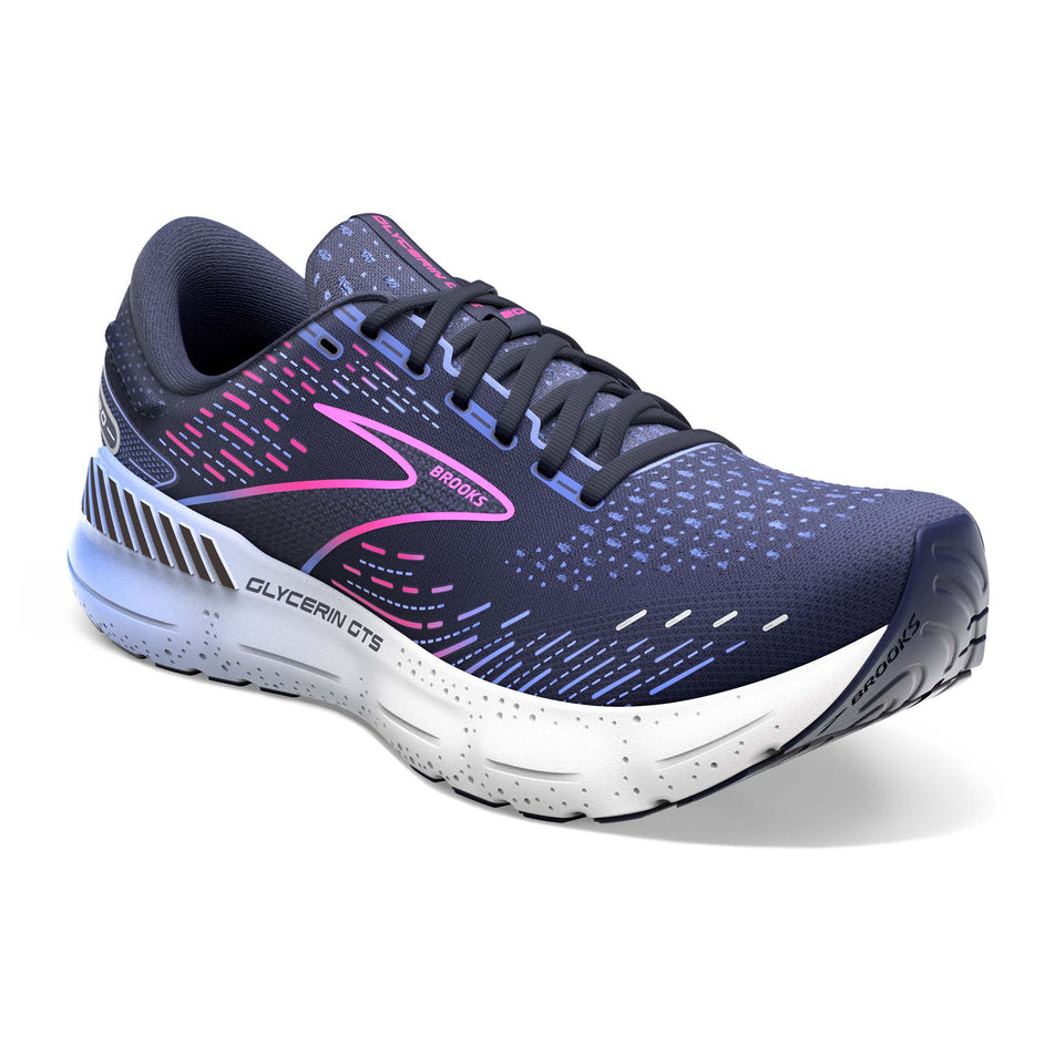 Right shoe anterior angled view of Brooks Women's Glycerin GTS 20 Running Shoes in blue. (7725159284898)